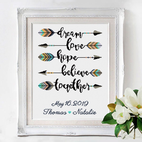 Wedding modern cross stitch pattern, Boho love inspirational quotes, arrow, personalized counted cross stitch PDF, anniversary gift DIY