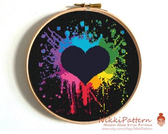 Modern cross stitch pattern, color splash, heart unexpected twist embroidery, Instant download PDF