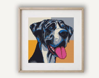 Dog cross stitch pattern PDF, Great Dane, Abstract pop art, Modern embroidery, Cute funny animal portrait, Instant Download