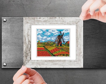 "Mini Kreuzstich Stickmuster ""Felder der Tulpen in Holland"" von Claude Monet Schönes kleines Kreuzstichmuster zum selbst ausdrucken im pdf Stil."