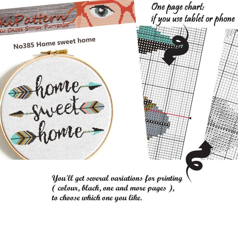 Home Sweet Home-kruissteekpatroon | Boho verenpijlen borduurwerk pdf | Citaat geteld kruissteekontwerp | Direct downloaden afbeelding 2