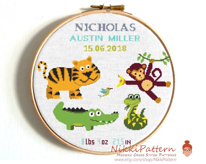Baby cross stitch Birth announcement Safari Animal cross Etsy