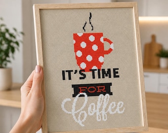 Coffee Cross Stitch Pattern | Retro Red Polka Dot Mug | Counted Kitchen Wall Art & Decor