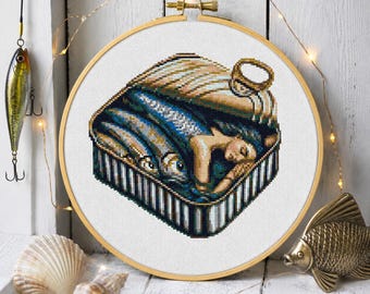 Sardines Can Cross Stitch Pattern, Sardine Food art, Fish Can embroidery, Funny mermaid embroidery, Seafood Digital PDF chart