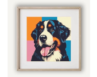 Dog cross stitch pattern PDF, Bernese mountain dog, Abstract pop art, Modern Embroidery, Cute animal cross stitch, Instant Download