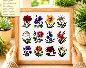 Birth Month Flower cross stitch pattern, 12 easy mini embroidery designs, spring, summer, and autumn season flowers, Instant Download PDF