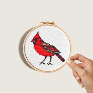 Mini bird cross stitch pattern, Northern Cardinal. Small easy embroidery design, nature art, digital download, beginner-friendly xstitch
