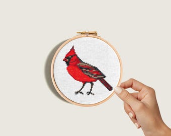 Mini Northern Cardinal Cross Stitch Pattern, Easy Bird Embroidery (Digital Download)