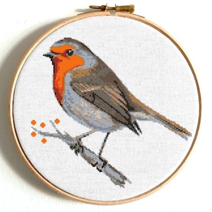 Bird cross stitch pattern PDF, Robin bird, easy nature art, digital download, small animal embroidery