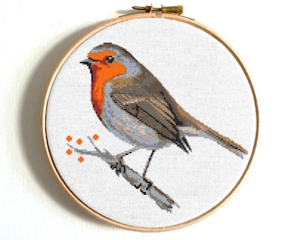 Bird cross stitch pattern PDF, Robin bird, easy nature art, Small animal embroidery, Digital Instant download PDF