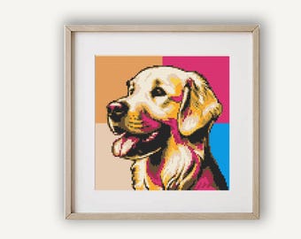 Dog cross stitch pattern PDF, Labrador golden retriever dog, Abstract modern embroidery, Pop art cute animal cross stitch, Instant download