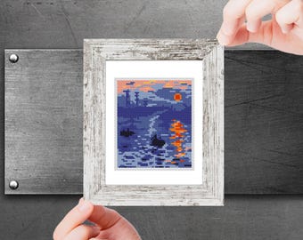 【一点物アート2枚綴り】 Rise of the new world. Tiny Impression, Sunrise by Monet, Modern Cross Stitch, Small