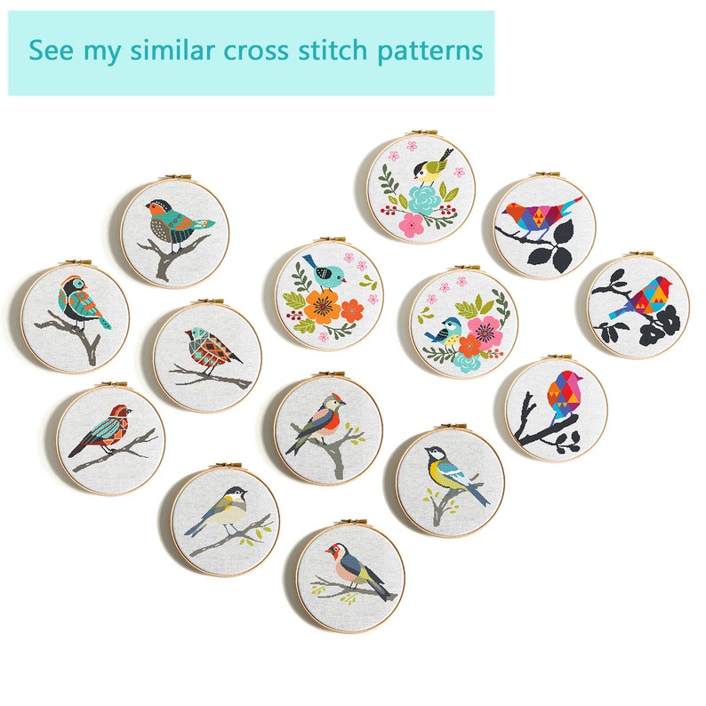 Birds Counted cross stitch pattern PDF Floral cross stitch Cute Bird on branch Modern cross stitch Animals cross stitch Easy cross stitch