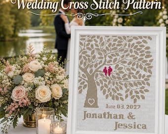 Wedding Tree Cross Stitch Pattern PDF, Customizable Couple Sampler, Marriage Keepsake, Anniversary Gift, DIY Digital Download