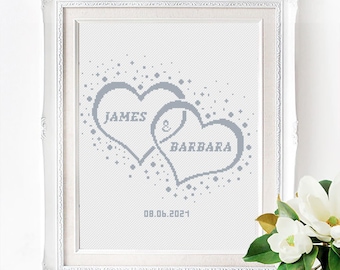 Patrón moderno de punto de cruz para bodas, bordado de corazón con nombres personalizados, regalo de aniversario de amor, regalo de boda personalizado, descarga instantánea