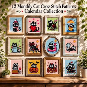 Black Cat Cross Stitch Pattern, 12 Monthly Calendar, Stamp-Sized Mini Seasonal Calendar Bundle (PDF Download)
