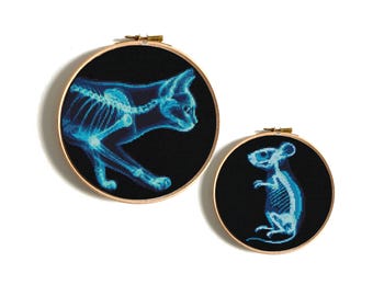 Funny cat cross stitch pattern, Cat and mouse X-ray x-stitch, Spooky and Quirky X-Ray cat, Unique embroidery pattern, Instant download