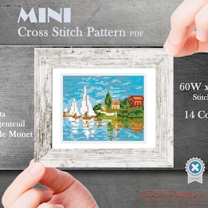 A cross stitch pattern PDF for a miniature painting of a sailboat scene. The pattern is titled 'Regatta at Argenteuil, Claude Monet.' The pattern is 60 stitches wide and 50 stitches high and uses 14 colors.