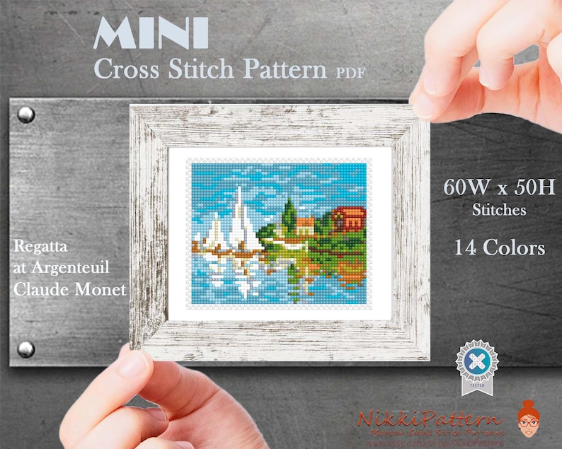 A cross stitch pattern PDF for a miniature painting of a sailboat scene. The pattern is titled 'Regatta at Argenteuil, Claude Monet.' The pattern is 60 stitches wide and 50 stitches high and uses 14 colors.