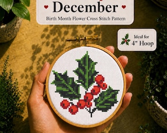 Holly cross stitch pattern, Birth Month Flower, December flower, Mini and easy designs, The birth flower of Dec, Instant Download
