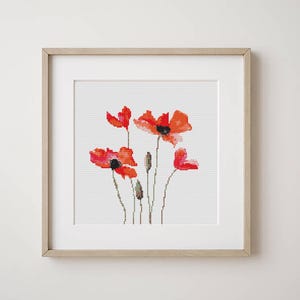 Bloemen kruissteekpatroon, klaproos, rode klaprozenboeket, bloemborduurontwerp, wilde bloemen geteld kruissteekkaart