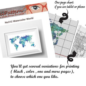 World map cross stitch pattern, Silhouette of world, Watercolor world map, Counted x stitch PDF pattern, Instant download image 4
