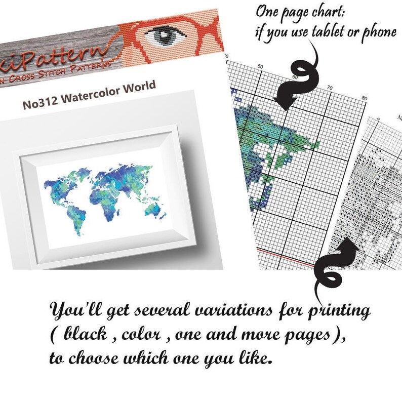 World map cross stitch pattern, Silhouette of world, Watercolor world map, Counted x stitch PDF pattern, Instant download image 4