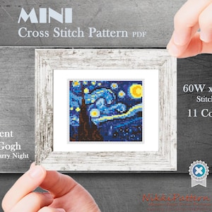 A cross stitch pattern of The Starry Night painting. The pattern is 50 stitches wide and 60 stitches high. The pattern is made with 11 colors. The text 'MINI Cross Stitch Pattern PDF' is at the top of the image. The text '50w x 60h Stitches' and '15 Colors' is on the right side of the image. The text 'Nikki Pattern MODERN CROSS STITCH PATTERNS www.etsy.com/shop/Nikki Pattern' is at the bottom of the image.