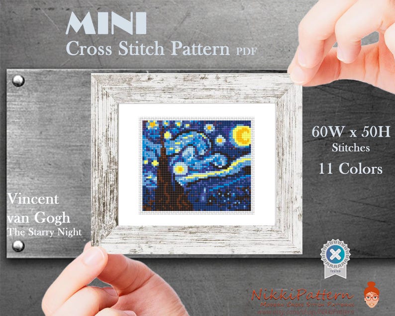 A cross stitch pattern of The Starry Night painting. The pattern is 50 stitches wide and 60 stitches high. The pattern is made with 11 colors. The text 'MINI Cross Stitch Pattern PDF' is at the top of the image. The text '50w x 60h Stitches' and '15 Colors' is on the right side of the image. The text 'Nikki Pattern MODERN CROSS STITCH PATTERNS www.etsy.com/shop/Nikki Pattern' is at the bottom of the image.