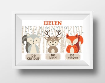 Baby Cross Stitch Printable PDF Pattern Animals Fox Deer Baby Shower Gift Cute Easy Woodland Animals  DIY Gift Be clever Be kind Be curious