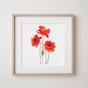 Mohnblumen Kreuzstich Stickmuster, Wildblumen Roter Mohn, Modernes Wanddekor, einfaches Sticken, sofortiger Download Pdf