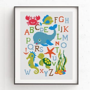 Alphabet with sea animals cross stitch pattern, Nursery decor, Under the Sea Easy x-stitch PDF, Turtle, fish, seahorse, octopus, crab