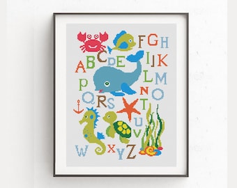 Alphabet with sea animals cross stitch pattern, Nursery decor, Under the Sea Easy x-stitch PDF, Turtle, fish, seahorse, octopus, crab