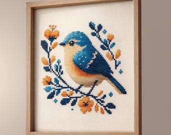 Floral Bird Cross Stitch Pattern PDF | Modern Nature Embroidery Chart, Cottagecore Decor, Instant Download