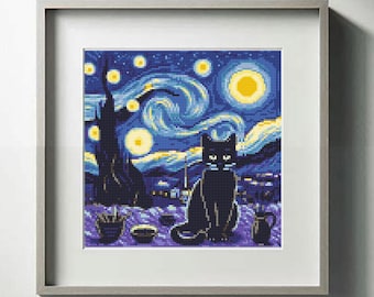 Sternenklare Nacht lustiges Kreuzstichmuster mit schwarzer Katze, berühmtes Gemälde von Van Gogh, Mini Meisterstickerei, sofortiger Download