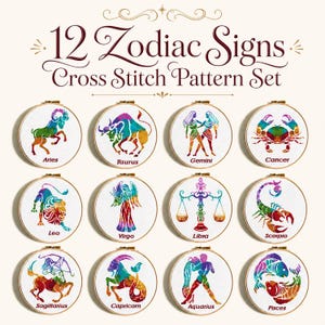 12 Zodiac Signs Cross Stitch PDF Bundle, Aries Taurus Gemini Cancer Leo Virgo Libra Scorpio Sagittarius Capricorn Aquarius Pisces