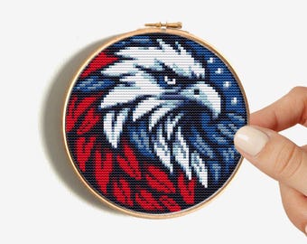 American flag cross stitch pattern, USA independence day, Patriotic eagle with USA colors, 4th of July, Modern cute colorful bird