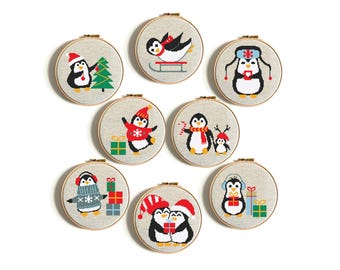 Patrones de punto de cruz de pingüinos navideños, minijuego divertido de 8, animales felices, manualidades para niños, minibordado, descarga digital instantánea en PDF