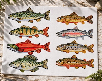 Trout Cross Stitch Patterns Bundle, Rainbow Trout and Freshwater Fish Collection, Rustic Lakehouse Cabin Decor, Digital download PDF
