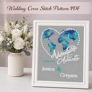 Wedding Cross Stitch Pattern: Adventure Awaits Design, DIY Personalized name, Digital download PDF