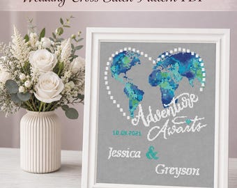 Patrón de punto de cruz para bodas: Diseño "La aventura te espera", nombre personalizado para hacer tú mismo, descarga digital en PDF.