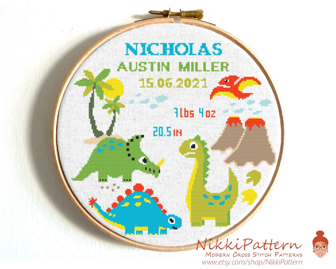 Birth Announcement Cross Stitch Pattern Dinosaurs Counted Cross Stitch — free download