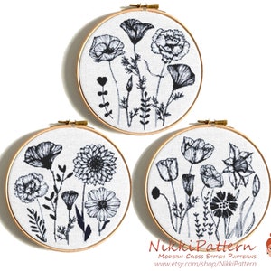 Modern flowers bouquets cross stitch pattern set of flowers Black and white Wildflower gift counted cross stitch PDF Easy cross stitch chart