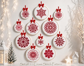 Christmas Cross Stitch Pattern Set | 11 Red Snowflake Ornaments | Geometric Ice Crystal Embroidery | PDF