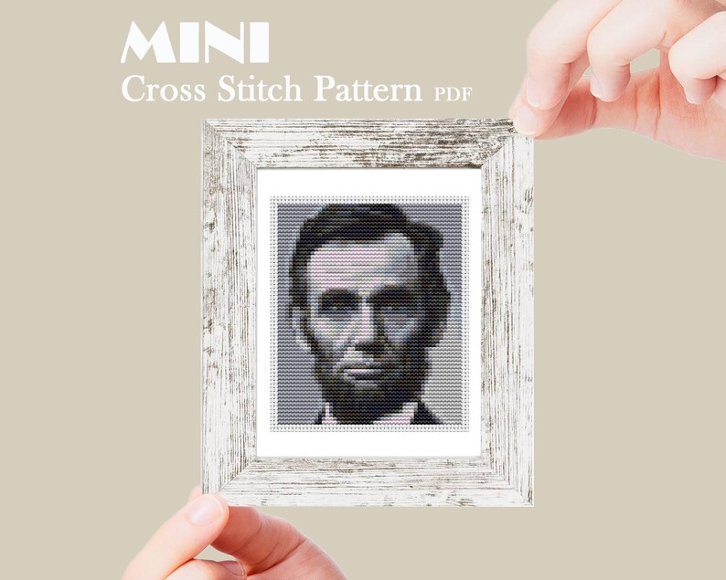 Abraham Lincoln mini cross stitch pattern, Modern tiny art portrait for the America 250