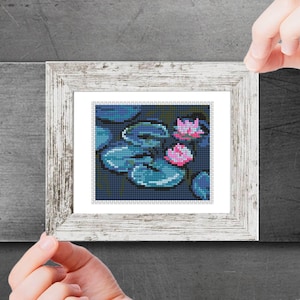 睡蓮のミニクロスステッチパターンPDF、クロード・モネの名画、小さな小さなアート刺繍、すぐにダウンロード