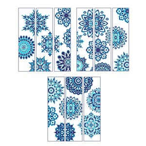 May include: Six vertical panels with a white background and a repeating pattern of blue and white snowflakes. The panels are arranged in two rows of three.