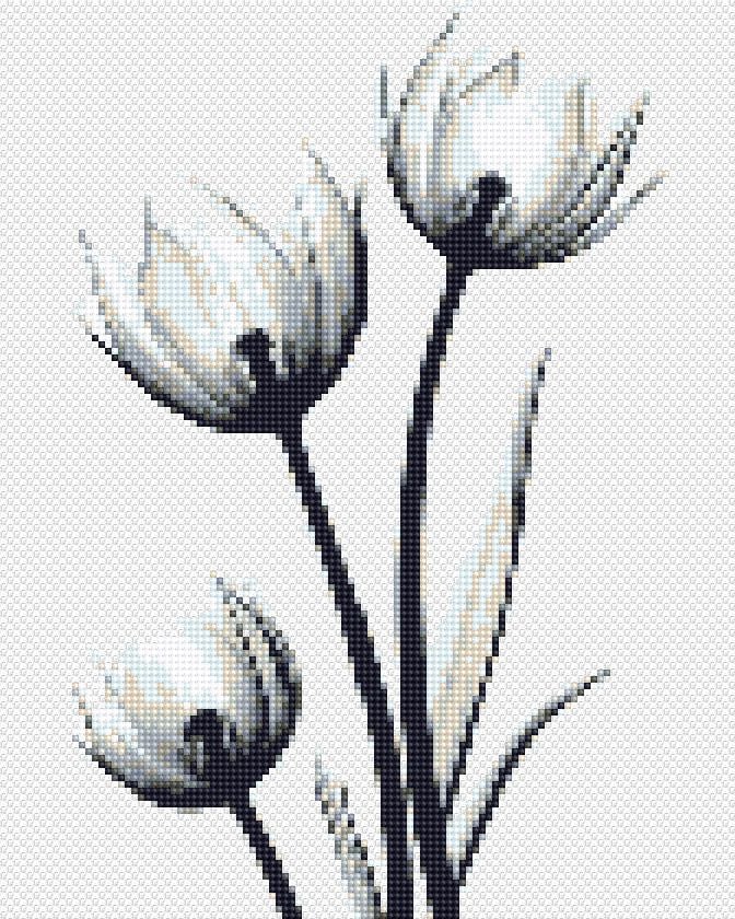 Tulips Cross Stitch Pattern PDF, Black and White Monochrome