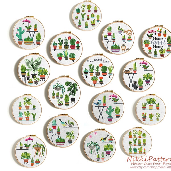 Cacti cross stitch pattern Plant and cacti with birds and cats Set of 16 easy Digital PDF pattern