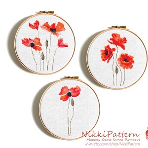 Poppy Cross Stitch Pattern PDF Easy cross stitch Poppies Set 3in1 Modern Embroidery Red poppy cross stitch Floral Natural Art Watercolor image 9